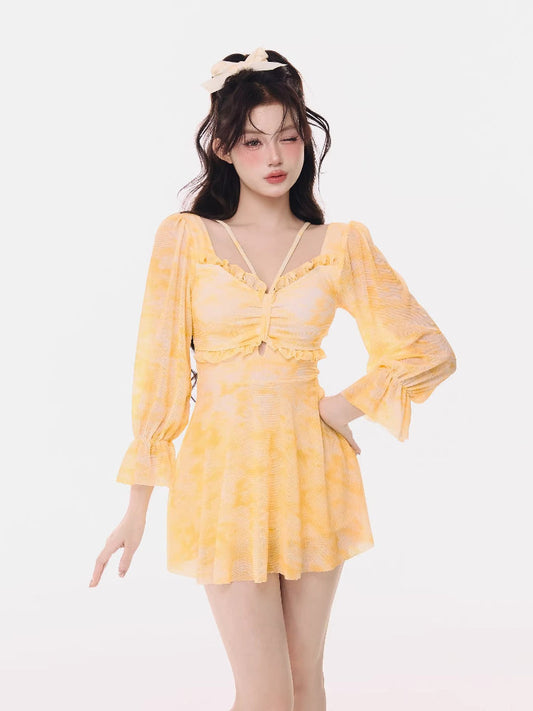 Yellow Tie-Dye Long Sleeve Swim Dress