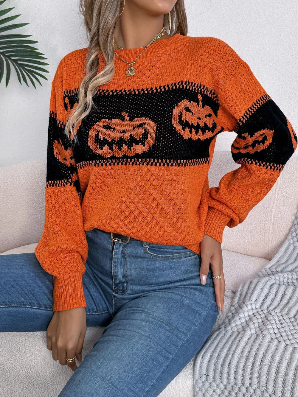 Festive Pumpkin Patch Knit Sweater - View 6 | TEVQA