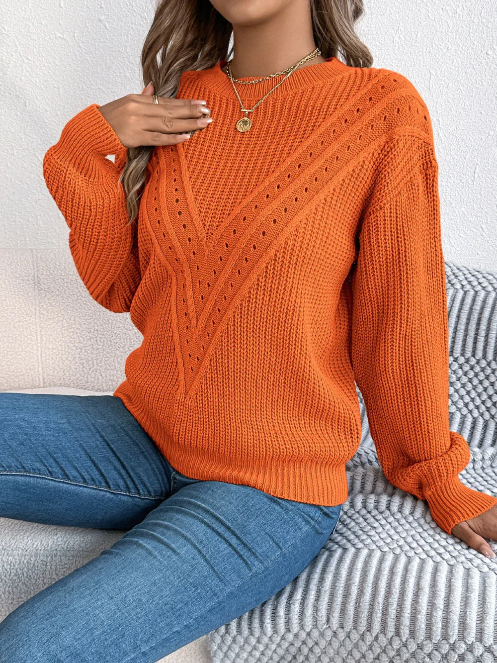 White Pointelle Knit Sweater - TEVQA