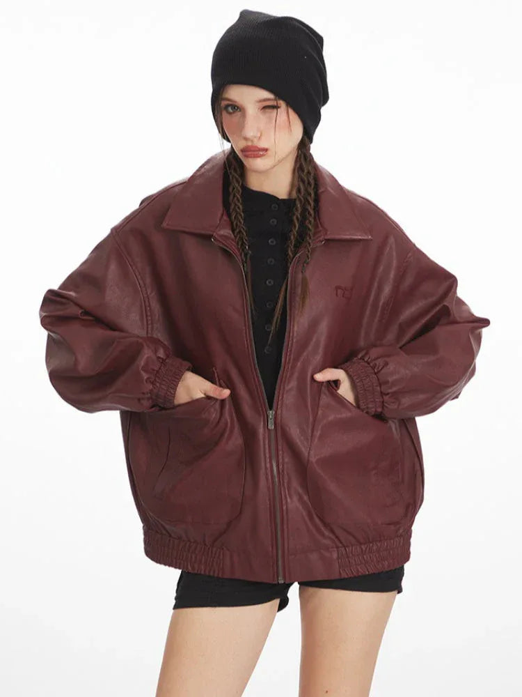Vintage Burgundy Oversized Faux Leather Bomber Jacket - TEVQA