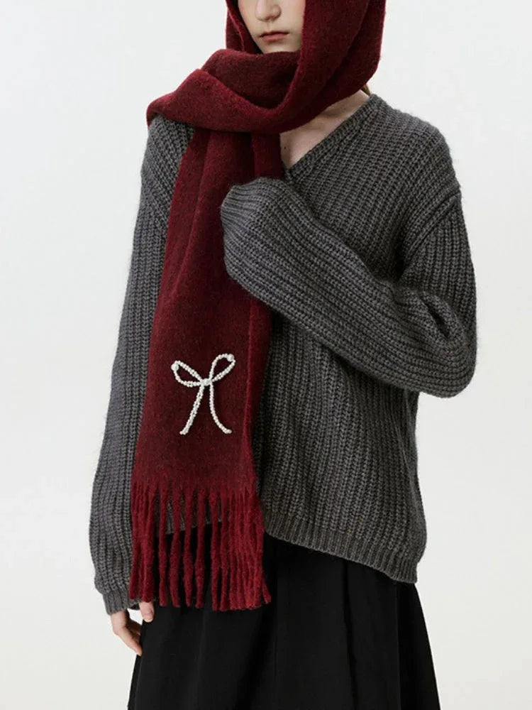 Wool Blend Pearl Bow Scarf - TEVQA