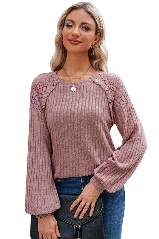 Ribbed knit crew neck top with lace detail - View 6 | TEVQA