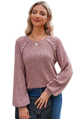 Ribbed knit crew neck top with lace detail - View 6 | TEVQA