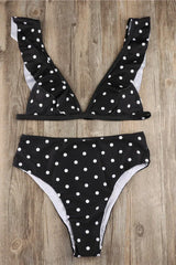 High Waist Polka Dot Bikini with Ruffle Trim - View 12 | TEVQA