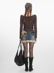 Vintage Burgundy Striped Off-Shoulder Top