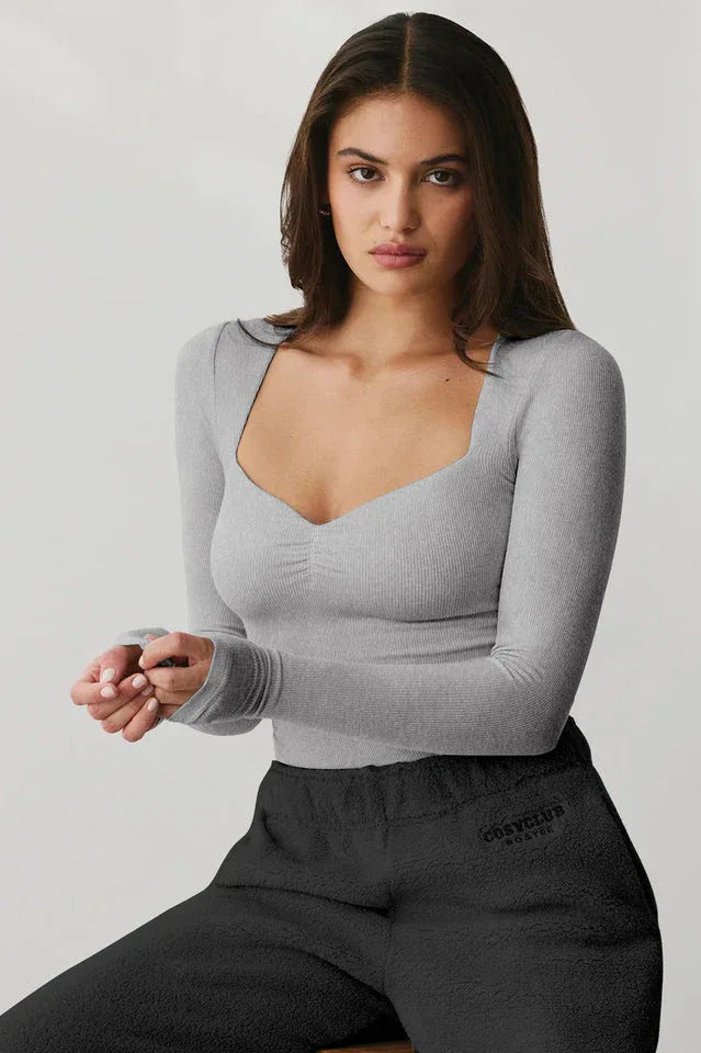 Cream Ribbed Sweetheart Neck Long Sleeve Top - TEVQA