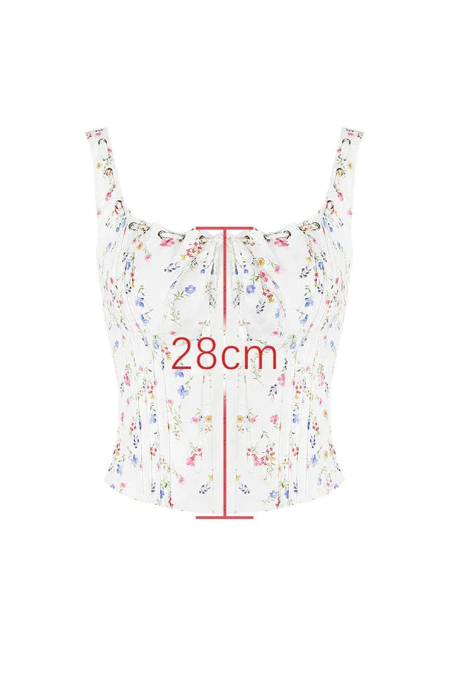 Chicca White Posy Print Top | Floral Hook-Front Tank & Tie Detail - TEVQA