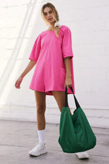 Oversized Crew Neck Romper with Open Back - View 26 | TEVQA
