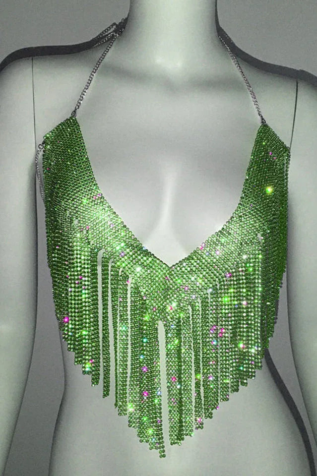 Sparkling Crystal Chainmail Crop Top - Backless Rhinestone Metal Mesh Cami - TEVQA