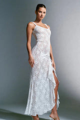 side view of a white lace dress with a thigh-high slit