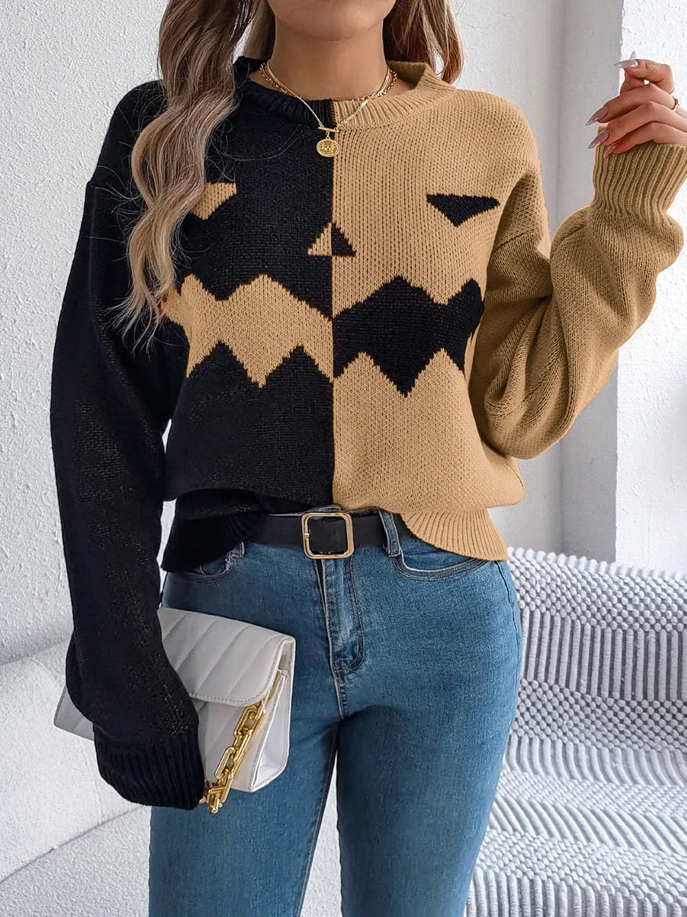 Spooky Chic Split Color Block Pumpkin Sweater - TEVQA