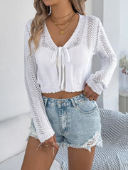 Pointelle Tie-Front Cardigan - View 14 | TEVQA