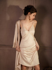 Ethereal Champagne Satin Lace Nightgown & Robe Set