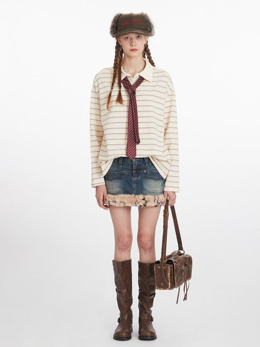 Vintage Cream Striped Rhinestone Polo Shirt