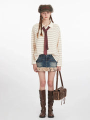 Vintage Cream Striped Rhinestone Polo Shirt - TEVQA