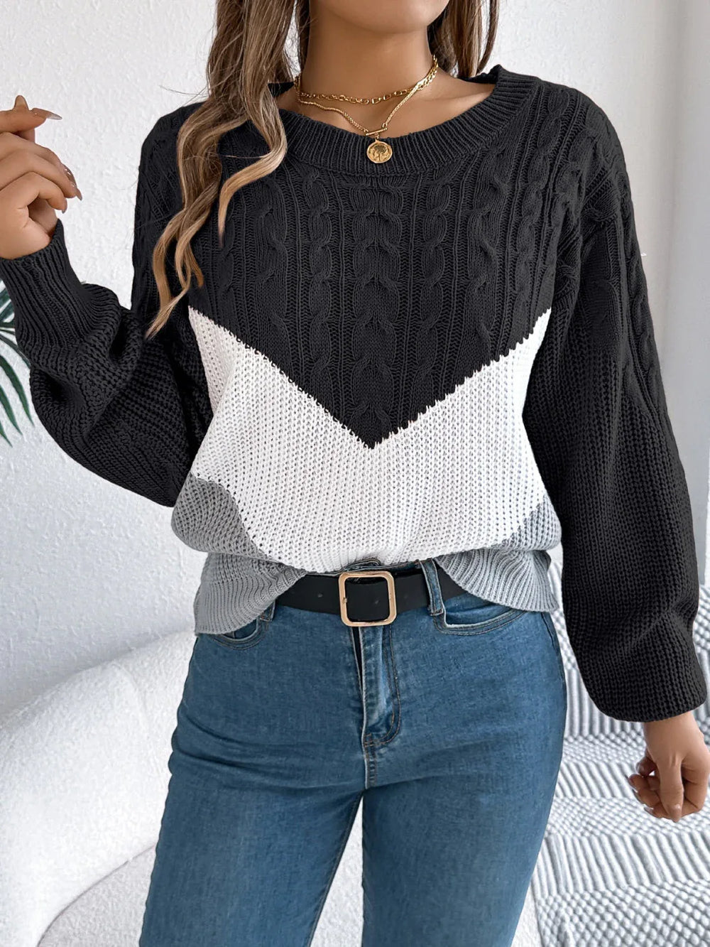 Color Block Cable Knit Sweater - View 12 | TEVQA