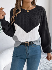 Color Block Cable Knit Sweater - View 12 | TEVQA