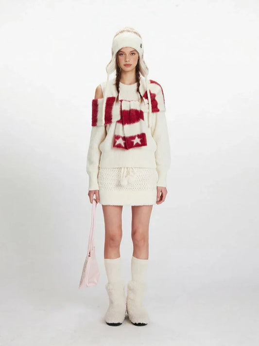 Y2K Winter Coquette Cold Shoulder Sweater - TEVQA