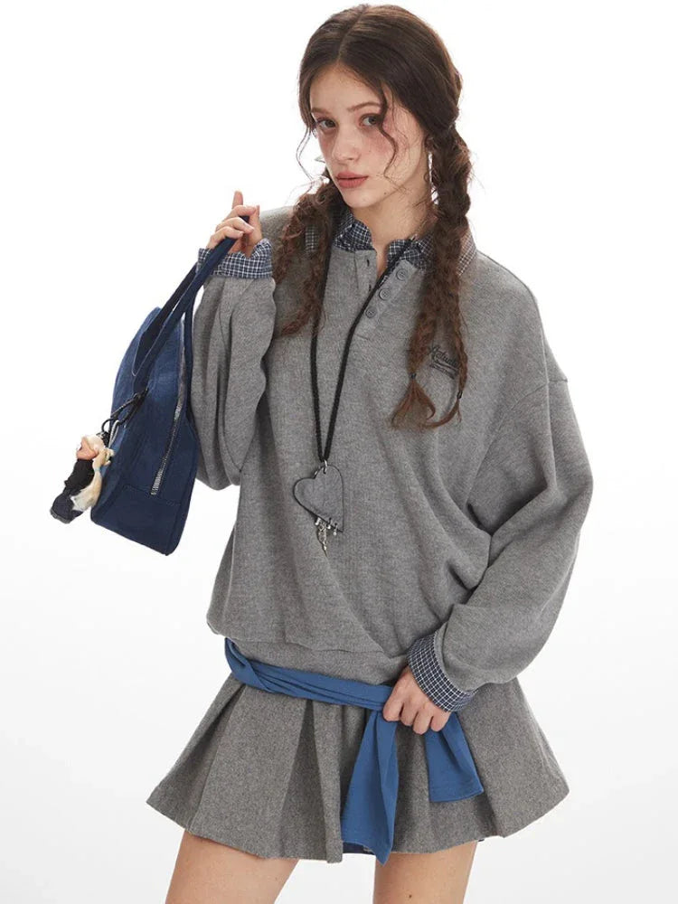 Vintage Grey Faux Layered Plaid Collar Sweatshirt - TEVQA