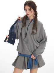 Vintage Grey Faux Layered Plaid Collar Sweatshirt - TEVQA