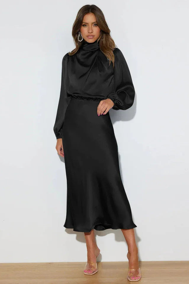 High Neck Satin Midi Dress - View 28 | TEVQA
