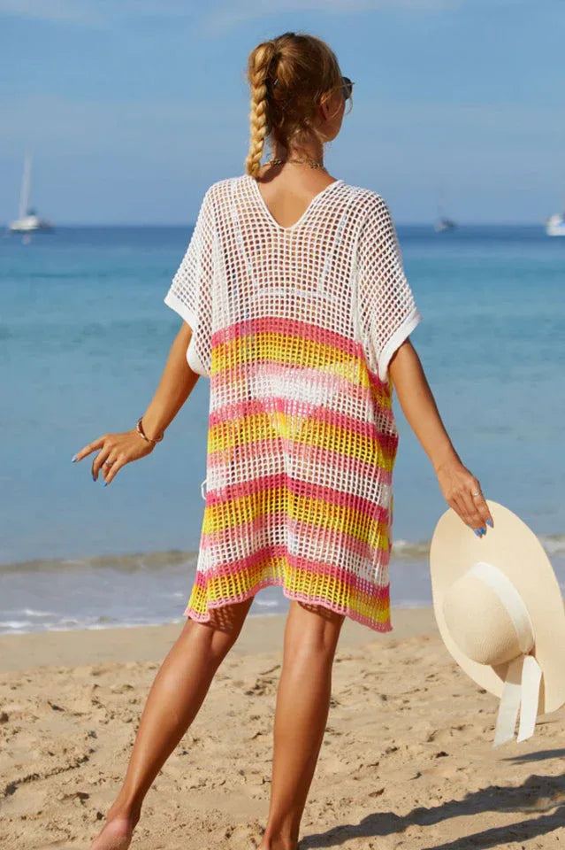 Rainbow Stripe Openwork Slit Cover Up - View 7 | TEVQA