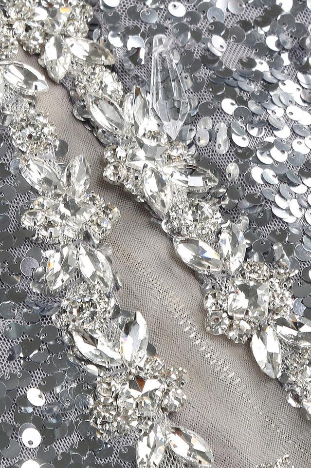 Silver sequin maxi dress with mock neck and fringe detail - View 14 | TEVQA