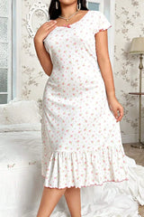 Plus Size White Floral Nightgown with Pink Bow & Ruffle Hem, Short Sleeve Midi Sleep Dress - Sweet Loungewear