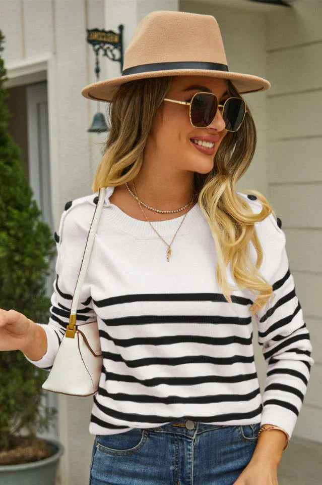 Striped Knit Sweater with Shoulder Buttons - View 8 | TEVQA