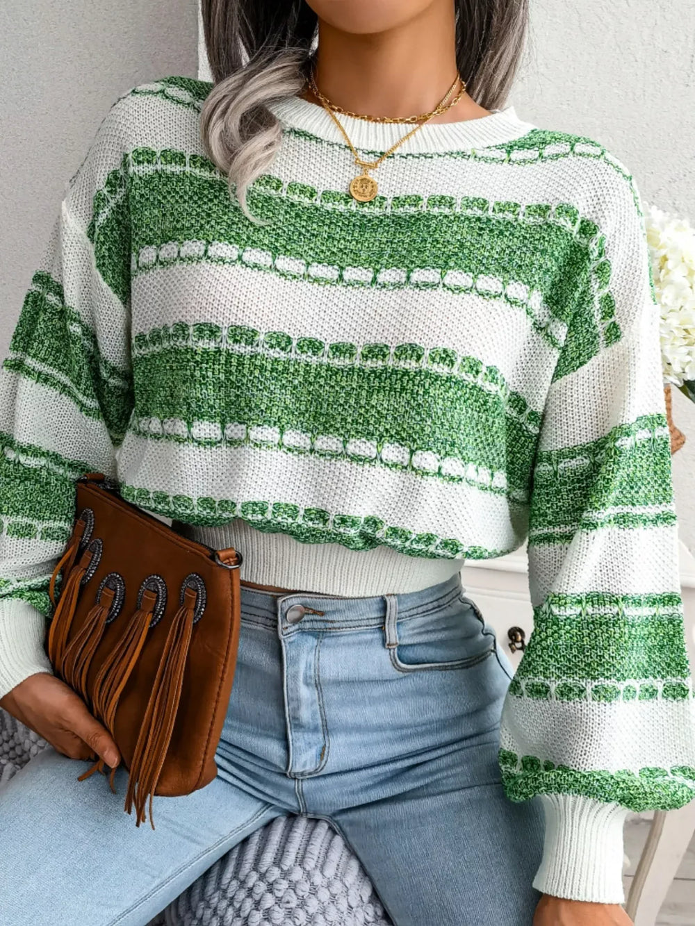 Striped Textured Knit Sweater - View 15 | TEVQA