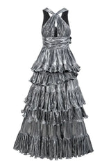 Tiered Halter Neck Metallic Gold Lamé Dress - View 15 | TEVQA