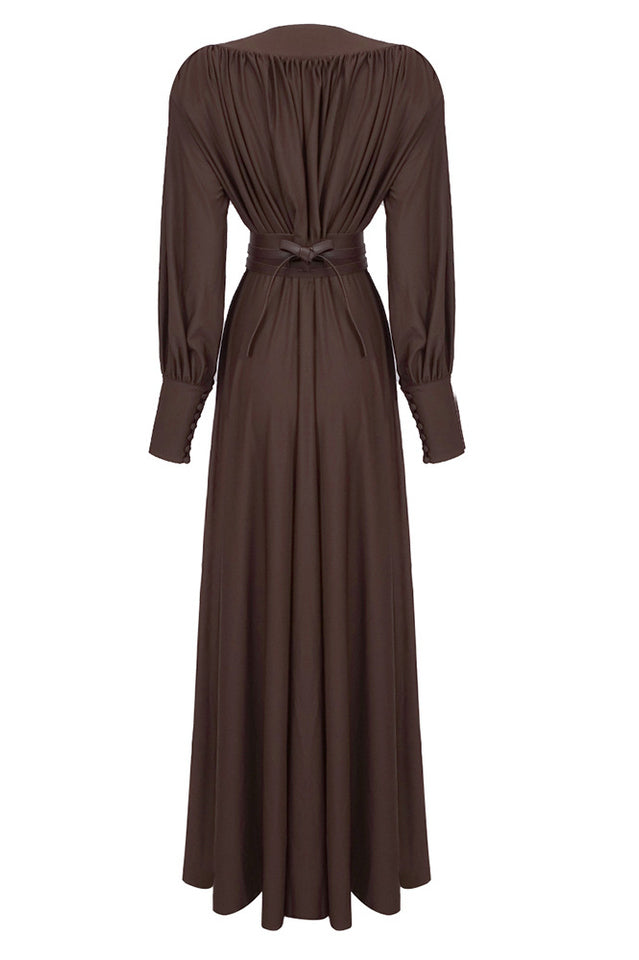 Rosey Tan Maxi Dress With Waist Belt | Dress In Beauty