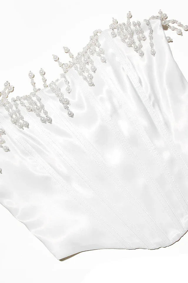 Aubrie Vintage Pearl Fringe Corset Top in cream satin - View 7 | TEVQA