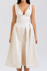 Deep V Neck Cinch Waist Satin Midi Dress | Dress In Beauty