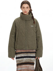 Vintage Olive Stand-Collar Puffer Jacket - TEVQA