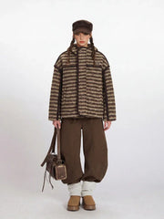 Vintage Brown Striped Sherpa Padded Jacket - TEVQA