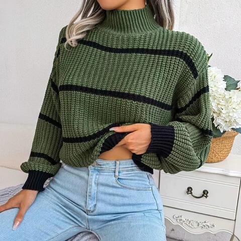 Striped mock neck sweater with lantern sleeves - View 8 | TEVQA