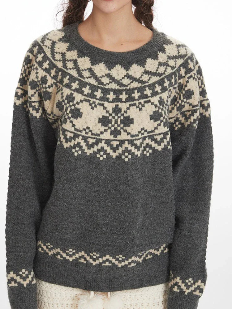 Charcoal Grey Fair Isle Crewneck Sweater - TEVQA