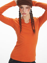 Vintage Pumpkin Orange Split Neck Long Sleeve Top