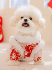 Front view of a white poodle dog wearing a red and white festive coat with embroidered floral patterns, with its mouth open and tongue out.