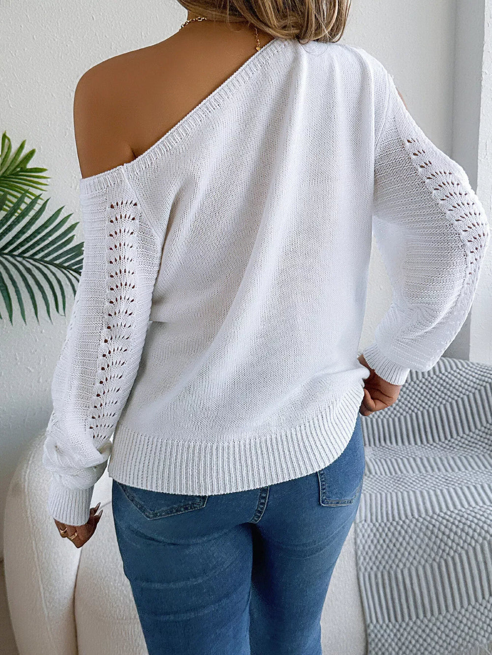 White Hollow Out Cold Shoulder Knit Sweater - TEVQA