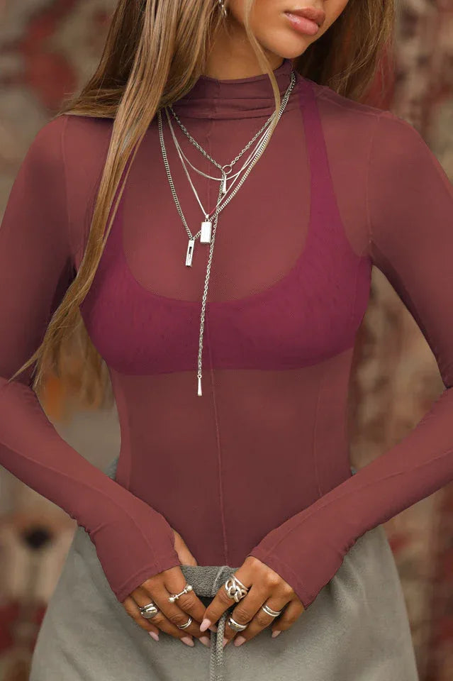 Sheer Mock Neck Long Sleeve Top - View 20 | TEVQA