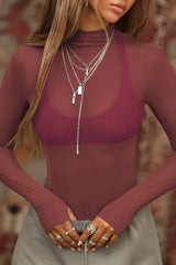 Sheer Mock Neck Long Sleeve Top - View 20 | TEVQA