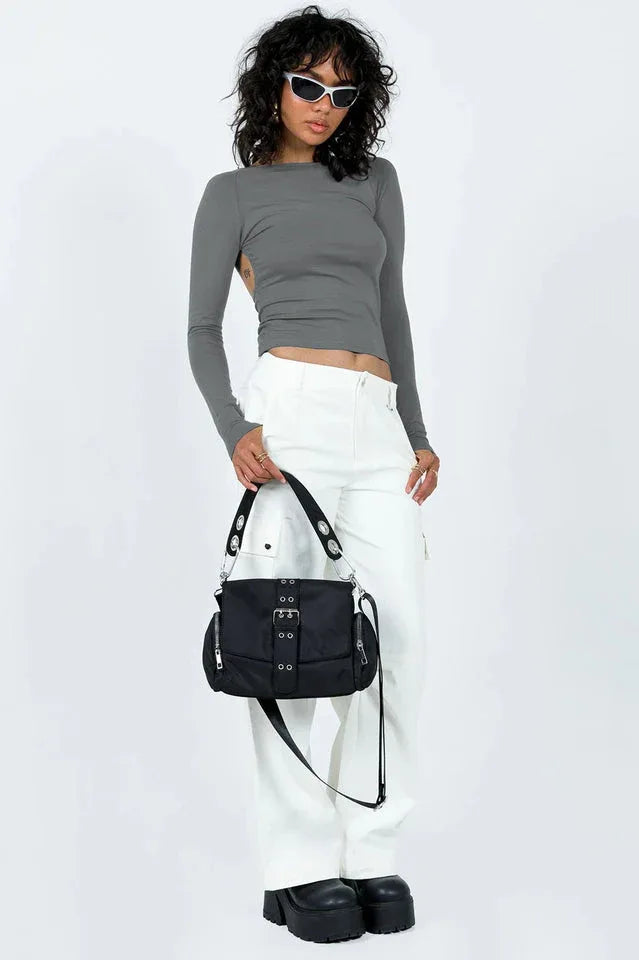 Ribbed knit long sleeve top with open back - View 23 | TEVQA