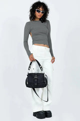 Ribbed knit long sleeve top with open back - View 23 | TEVQA