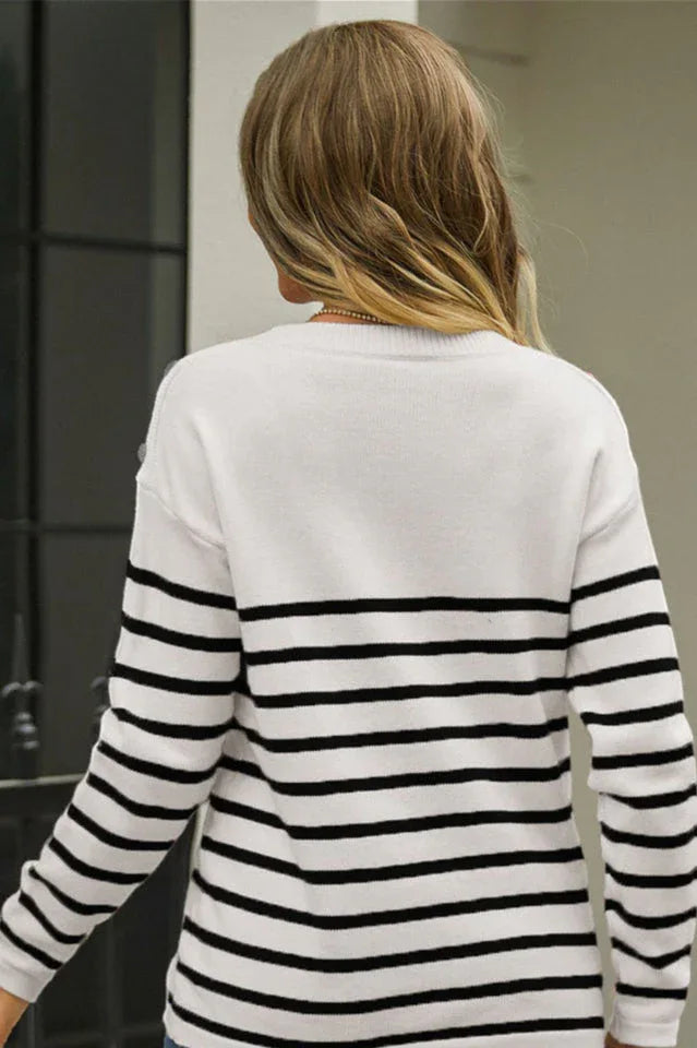 Striped Knit Sweater with Shoulder Buttons - View 10 | TEVQA