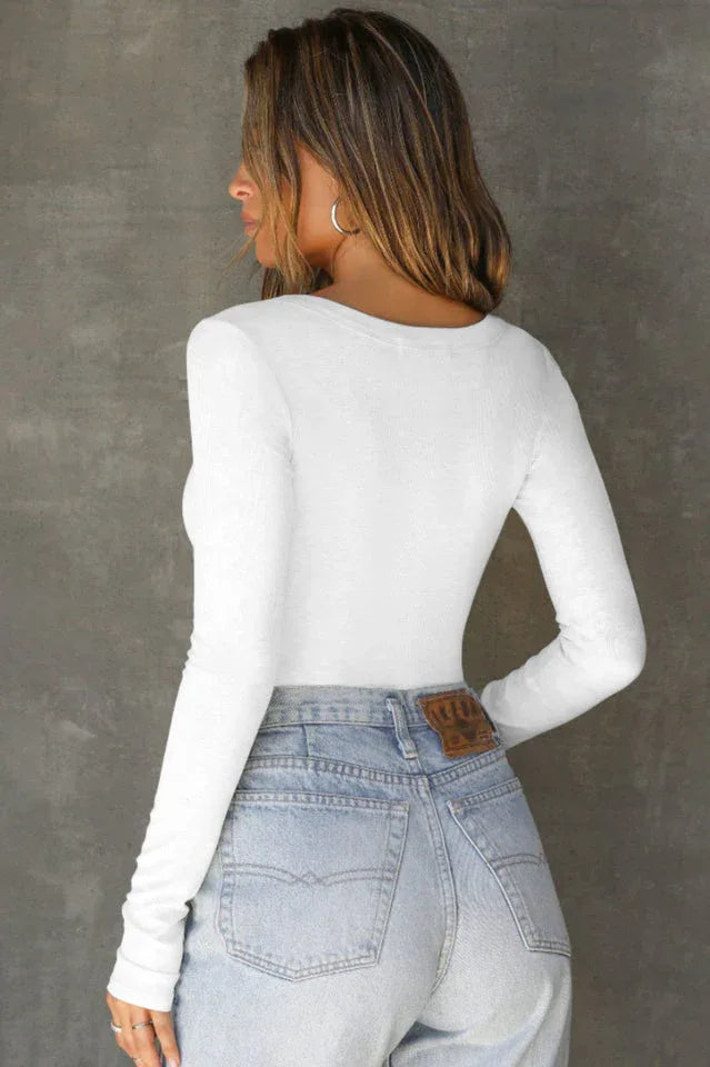 White Notched Neck Ribbed Long Sleeve Top - TEVQA