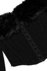 Ravenna Faux Fur Trim Corset Top | Black Off-Shoulder Mesh Long Sleeve Bustier - TEVQA