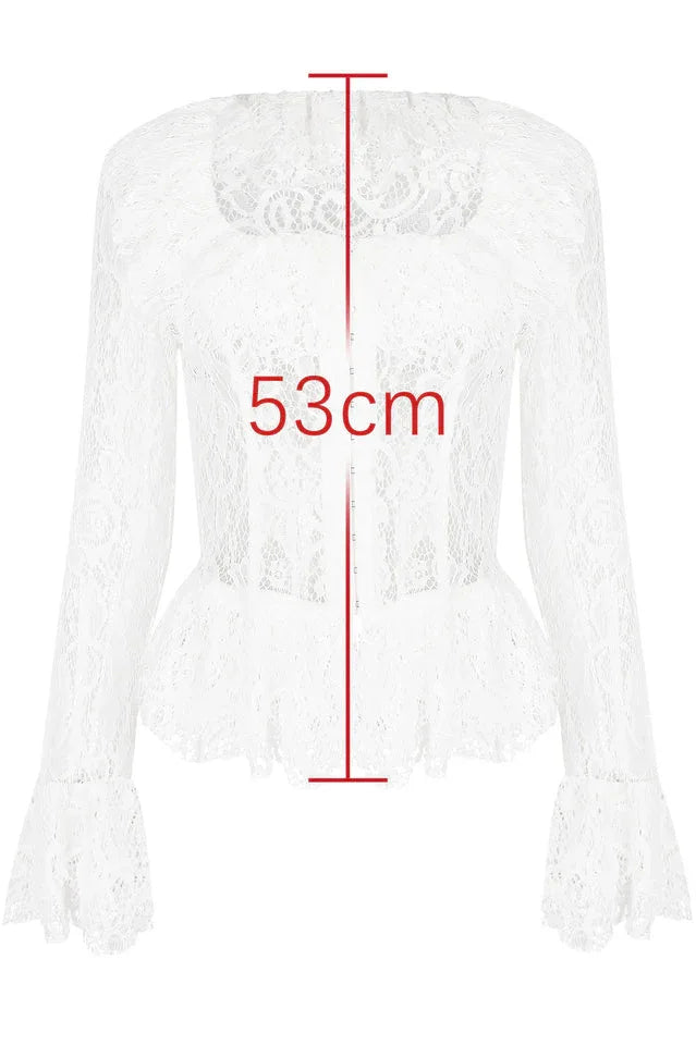 Measurement graphic showing 53cm length on a white lace top.