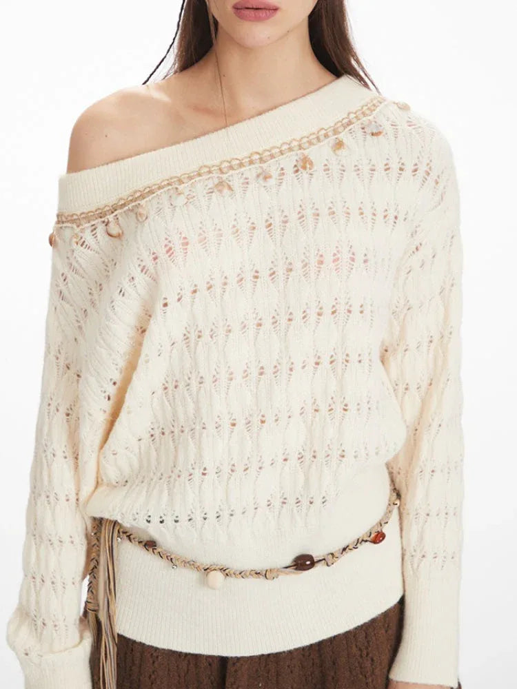 Mermaidcore Shell Embellished Off-Shoulder Sweater - TEVQA